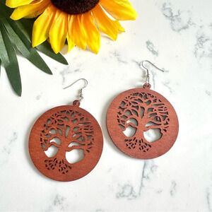 2/$30🌵 Brown Tree Laser Cut Circle Lightweight Wood Large Earrings Boho NEW